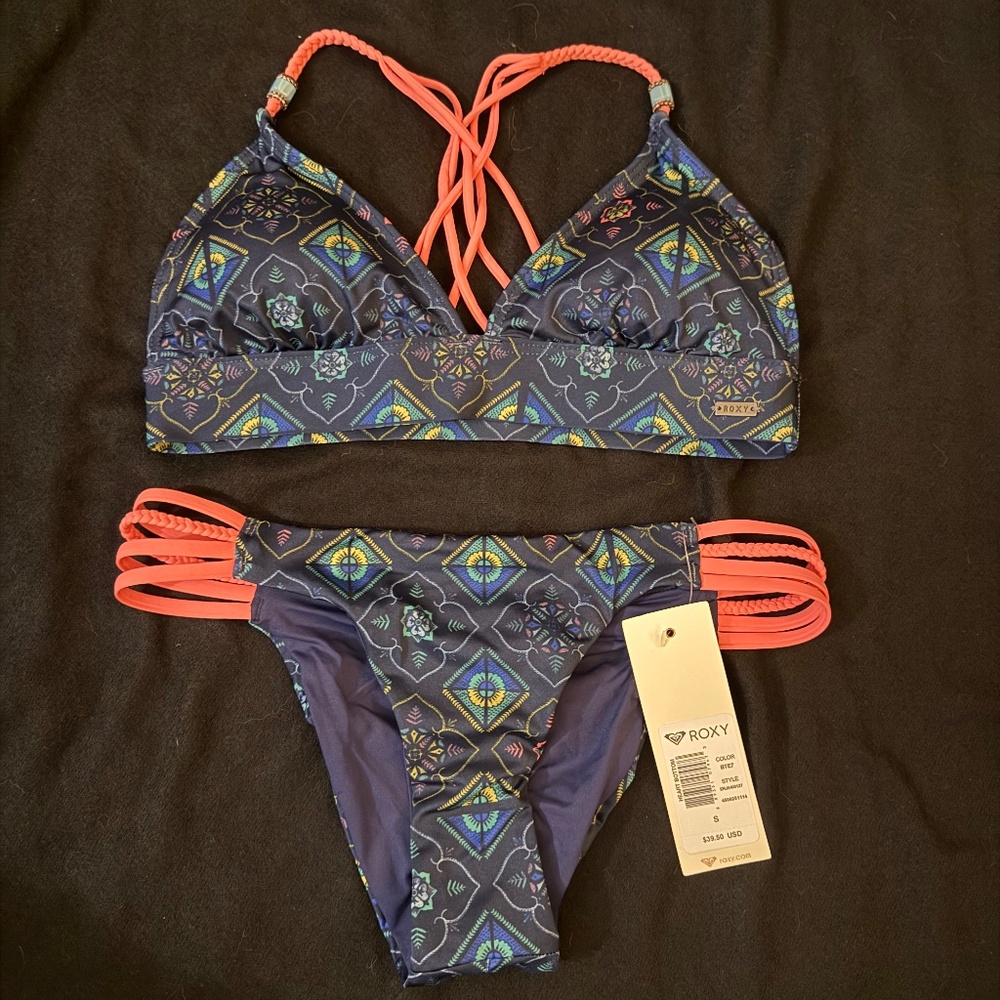 Roxy Pink/Blue Geometric Pattern Bikini, Small - image 1
